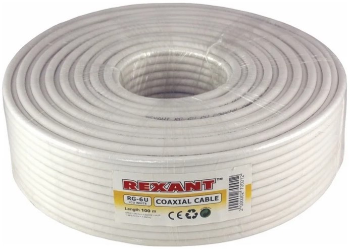 Кабель REXANT RG-6U (75 Oм) Cu/Al/Cu (1,0/Al/48х0,12мм) 64% белый, 100м 01-2221 - изображение 2