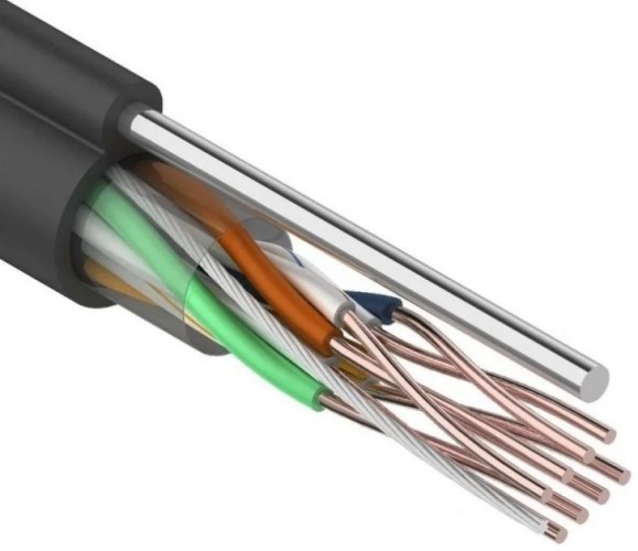 Кабель REXANT U/UTP, CAT 5e, PE 4х2х0,50мм, 24AWG внешний, черный, с тросом 01-0046
