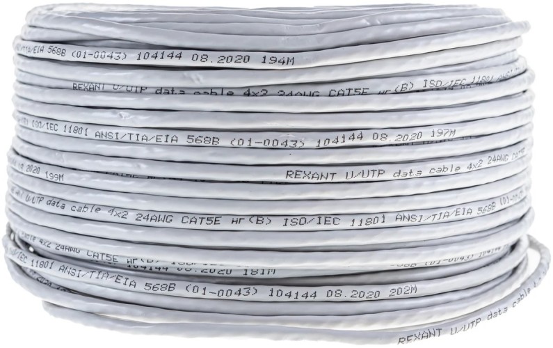 Кабель REXANT U/UTP, CAT 5e, PVC 4x2x0,50мм, 24AWG внутренний, серый, 100м 01-0043-100 - изображение 5