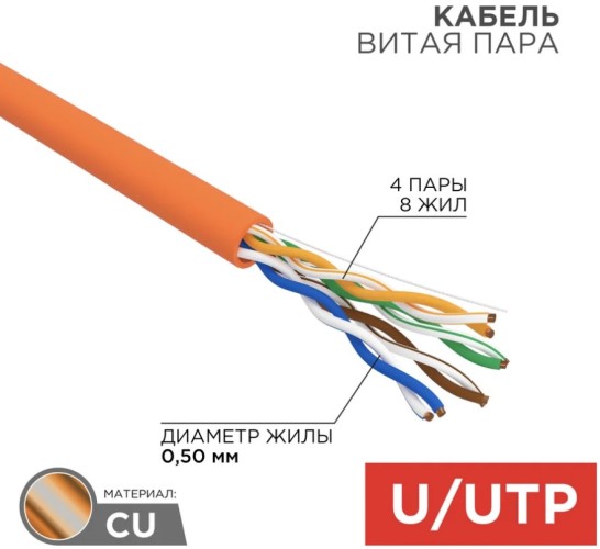 Кабель REXANT U/UTP, CAT 5e, ZH нг(A)-HF (LSZH), 4х2х0,50мм, 24AWG внутр. оранж 01-0049 - изображение 2