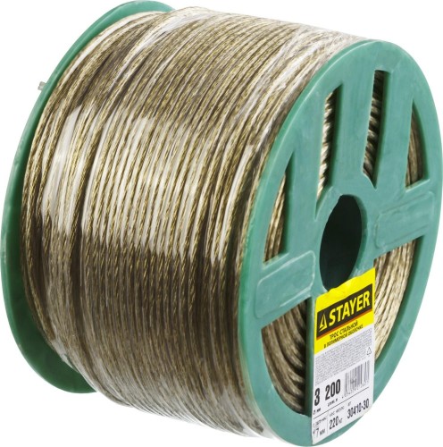 Канат стальной с покрытием из поливинилхлорида (ПВ STAYER MASTER трос в оболочке, d=3,0 мм, l=200 м, 30410-30