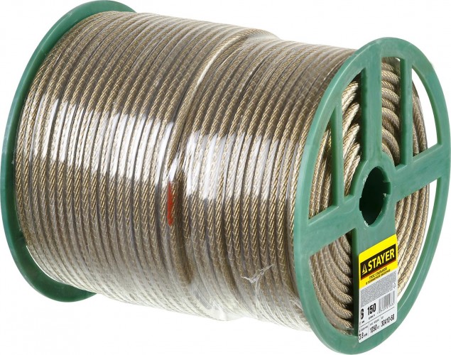 Канат стальной с покрытием из поливинилхлорида (ПВ STAYER MASTER трос в оболочке, d=6,0 мм, l=150 м, 30410-60
