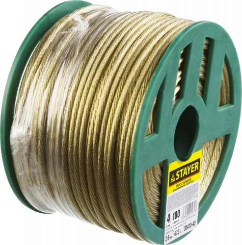 Канат стальной с покрытием из поливинилхлорида (ПВ STAYER MASTER трос в оболочке, d=4,0 мм, l=100 м, 30410-40