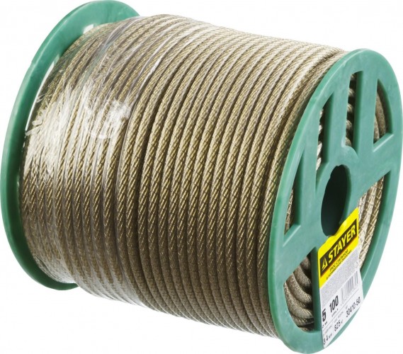 Канат стальной с покрытием из поливинилхлорида (ПВ STAYER MASTER трос в оболочке, d=5,0 мм, l=100 м, 30410-50