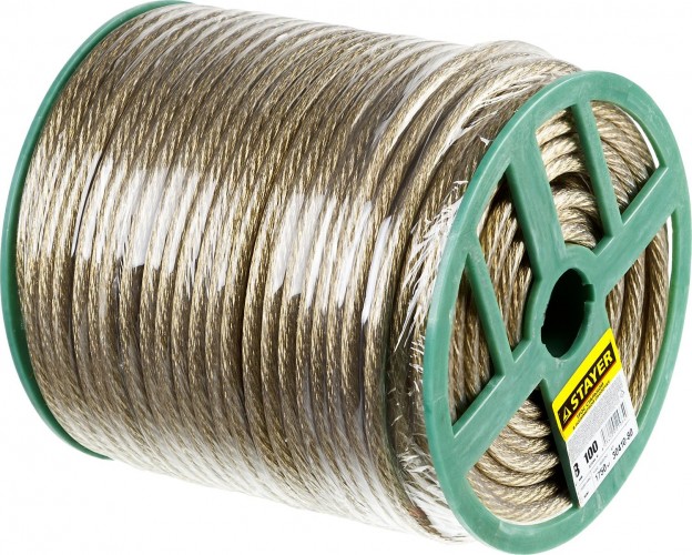 Канат стальной с покрытием из поливинилхлорида (ПВ STAYER MASTER трос в оболочке, d=8,0 мм, l=100 м, 30410-80