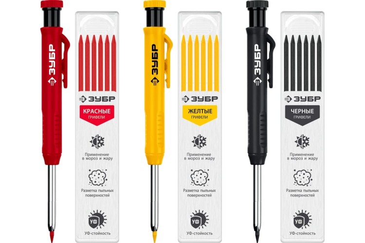 Карандаш строительный ЗУБР Профессионал АСК 18 сменных грифелей: 6ч + 6ж + 6к автоматический 06312-H6 - изображение 2