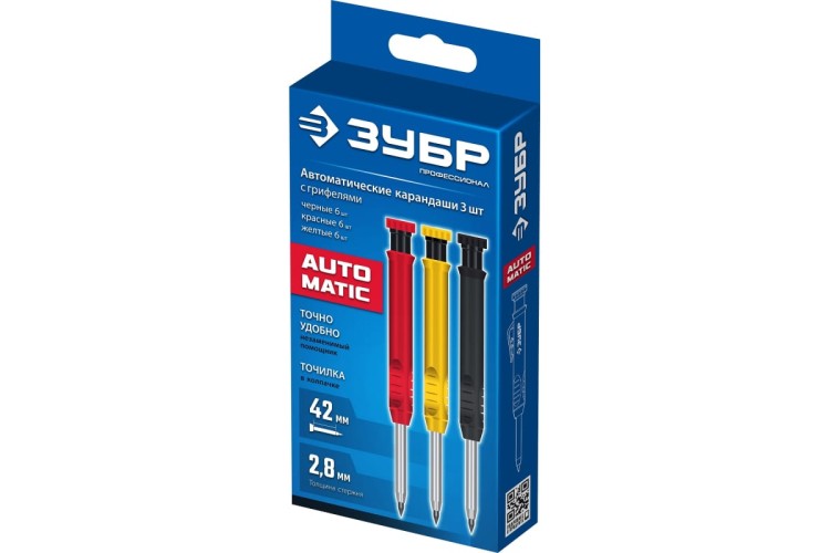 Карандаш строительный ЗУБР Профессионал АСК 18 сменных грифелей: 6ч + 6ж + 6к автоматический 06312-H6 - изображение 3