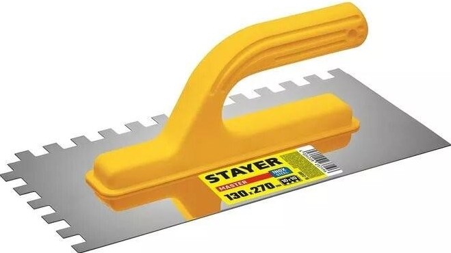 Кельма STAYER MASTER 130х27 0мм, 10х10 мм, гладилка штукатурная зубчата 08012-10