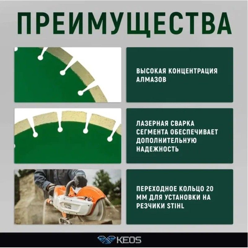 Алмазный диск по железобетону KEOS Standart 350x25,4x20 15мм (лазерная сварка) - изображение 5