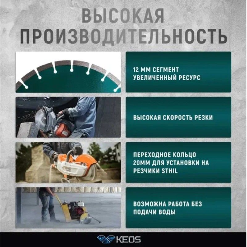 Диск алмазный сегментный (бетон) KEOS Standart 350x25,4x20 мм (лазерная сварка) - изображение 6
