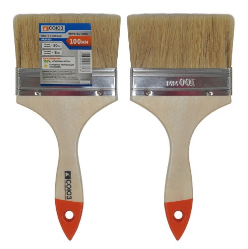 Кисть флейцевая СОЮЗ 9040-21-100С плоская "практик" 100мм, натуральная щетина, дерев