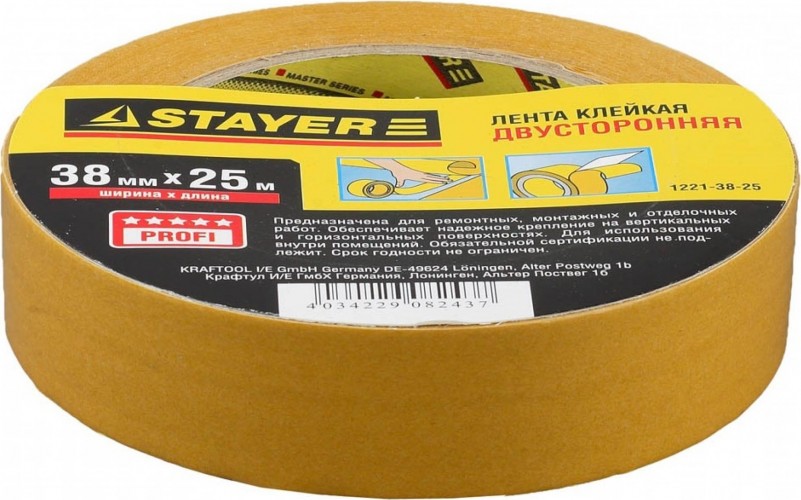 Клеящая лента STAYER MASTER двухсторонняя на полипропиленовой основе, 38ммх25м 1221-38-25