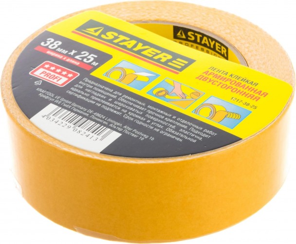 Клеящая лента STAYER PROFESSIONAL двухсторонняя на тканевой основе, 38ммх25м 1217-38-25 - изображение 2