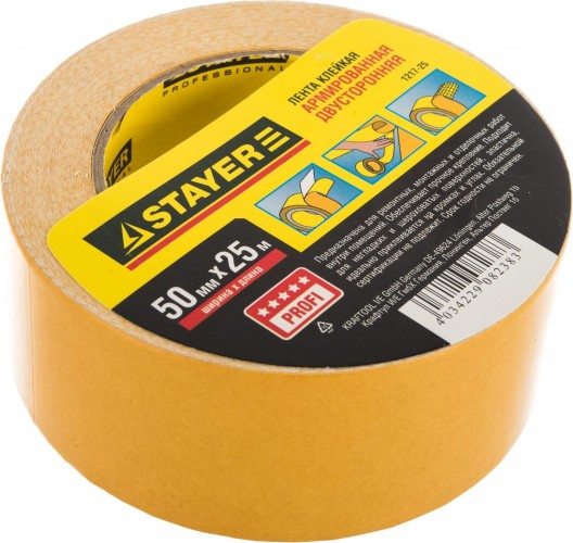 Клеящая лента STAYER PROFESSIONAL двухсторонняя на тканевой основе, 50ммх25м 1217-25