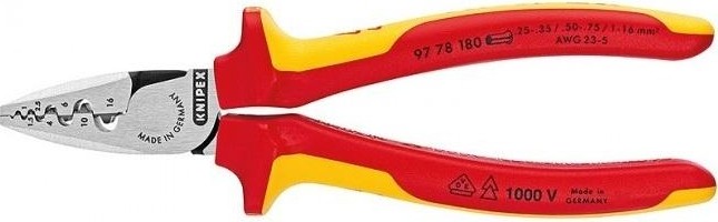 Клещи электромонтажные диэлектрические KNIPEX 9778180SB 180 мм для обжима гильз, 2к рукоятки KN-9778180SB