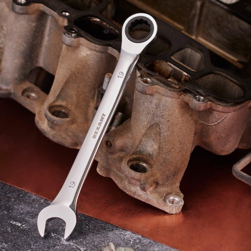 Ключ комбинированный REXANT 12-5813-1 трещоточный 19 мм, crv, зеркальный хром - изображение 3