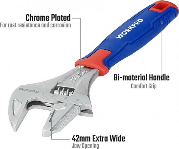 Ключ разводной WORKPRO WP272014 2-в-1 42х200мм с функцией трубного ключа - изображение 4