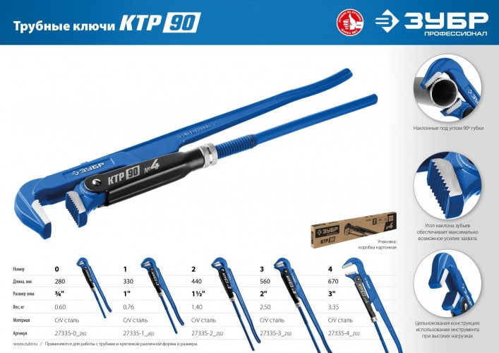 Ключ трубный рычажный ЗУБР ПРОФЕССИОНАЛ ктр-90, №0, прямые губки 27335-0_z02 - изображение 5