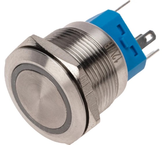 Кнопка антивандальная REXANT 36-3511 (уп. 10 штук ) Ø22 12В(LED) Б/Фикс (5с) OFF-ON/ON-OFF подсв/синяя 36-3511