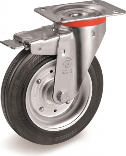 Колесо из черной резины TELLURE ROTA 535422 серия 53, d-100 мм, поворотное с тормозом (100х85) 8007554029114