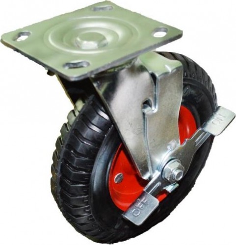 Колесо из литой резины MFK-TORG SCB80Л160 поворотное с тормозом красный диск 160 мм
