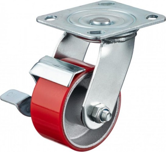 Колесо промышленное СТЕЛЛА-ТЕХНИК N29100CPUB1 100мм, чугун/полиуретан, поворотное с тормозом, иг - изображение 5