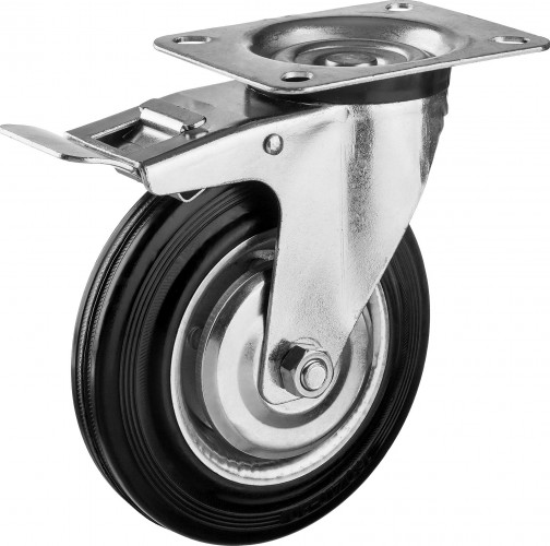 Колесо промышленное ЗУБР d=160 мм, г/п 145 кг поворотное c тормозом (резина, игольчатый подшипник) 30936-160-B