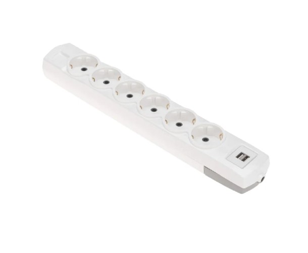 Колодка REXANT 13-4407 PREMIUM 6 гнезд, с/з, 2 USB, белый