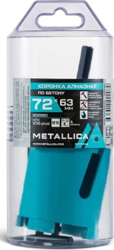 Коронка буровая SDS-plus METALLICA Optima 72x63 мм М16, алмазная, сегментная  с хвостов. HEX, по бето 902080