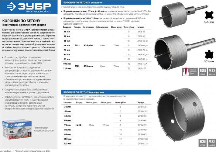 Коронка буровая ЗУБР ПРОФЕССИОНАЛ по бетону с державкой sds-max, 125 мм 2918-125 - изображение 5