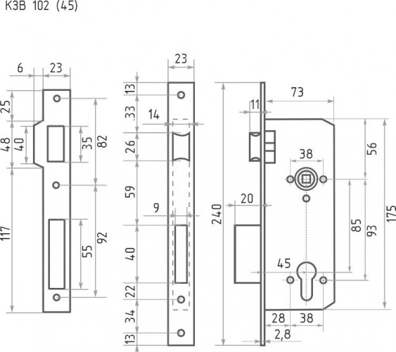 Корпус замка врезного НОРА-М КЗВ-102 45 мм "Хром" 5278 - изображение 2