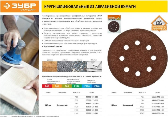 Круг шлифовальный на липучке ЗУБР СТАНДАРТ 8 отв., р240, 125мм, 5 шт 35350-125-240 - изображение 3