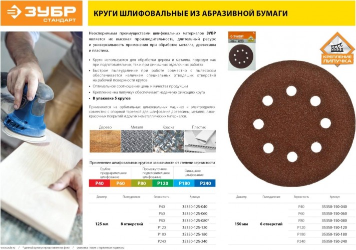 Круг шлифовальный на липучке ЗУБР СТАНДАРТ 6 отв., р60, 150мм, 5 шт 35350-150-060 - изображение 3