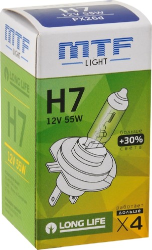 Лампа галогеновая MTF LIGHT H7 12V 55W LONG LIFE x4 блистер HLL1207b