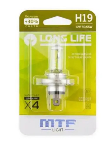 Лампа галогеновая MTF LIGHT H19 12V 60/55W LONG LIFE x4 блистер HLL1219b