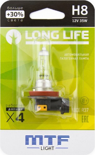 Лампа галогеновая MTF LIGHT H8 12V 35W LONG LIFE x4 блистер HLL1208b