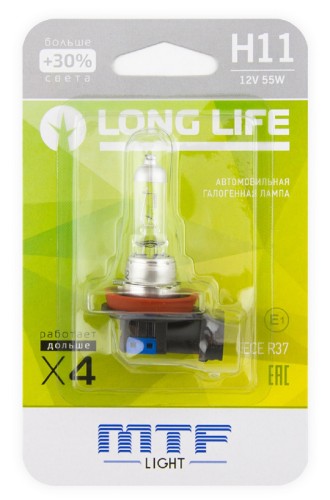Лампа галогеновая MTF LIGHT H11 12V 55W LONG LIFE x4 блистер HLL1211b