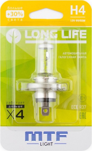 Лампа галогеновая MTF LIGHT H4 12V 60/55W LONG LIFE x4 блистер HLL1204b