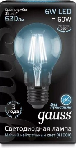 Лампа светодиодная филаментная GAUSS A60 filament а60 6w 630lm 4100к е27 led 102802206 - изображение 2