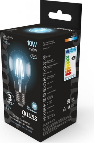Лампа светодиодная филаментная GAUSS A60 filament а60 10w 970lm 4100к е27 led 102802210 - изображение 2