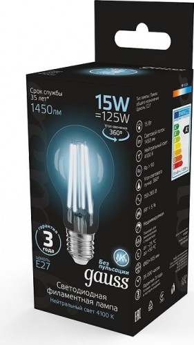 Лампа светодиодная филаментная GAUSS A60 filament а60 15w 1450lm 4100к е27 led 102902215 - изображение 2
