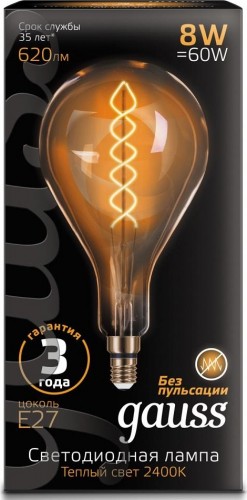 Лампа светодиодная GAUSS А160 filament 8w 620lm 2400к е27 golden flexible led 150802008 - изображение 2