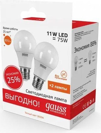 Лампа светодиодная GAUSS A60 elementary 11w 800lm 3000k e27 ( 2шт ) 23211P - изображение 4