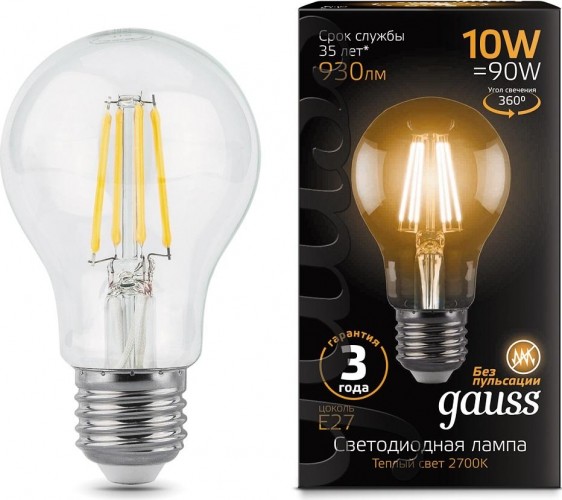 Лампа светодиодная GAUSS A60 filament а60 10w 930lm 2700к е27 led 102802110