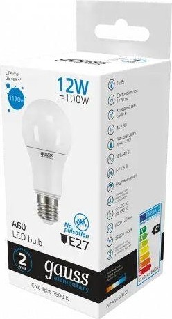 Лампа светодиодная GAUSS A60 elementary a60 12w 1170lm 6500k e27 led 23232 - изображение 3