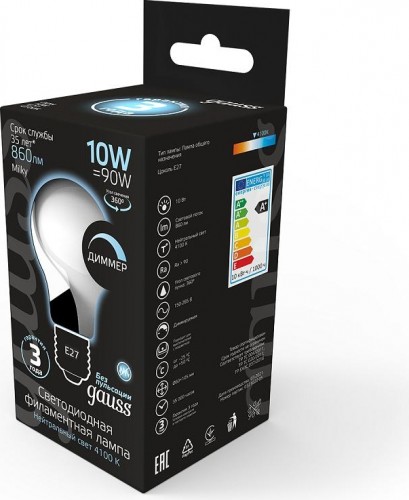 Лампа светодиодная GAUSS A60 filament а60 10w 860lm 4100к е27 milky диммируемая 102202210-D - изображение 2