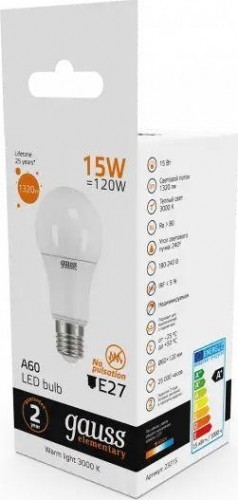 Лампа светодиодная GAUSS A60 elementary a60 15w 1320lm 3000k e27 led 23215 - изображение 4