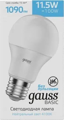 Лампа светодиодная GAUSS A60 basic 11,5w 1090lm 4100k e27 led 1023222 - изображение 3