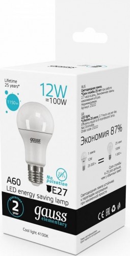 Лампа светодиодная GAUSS A60 elementary a60 12w 1150lm 4100k e27 led 23222 - изображение 2