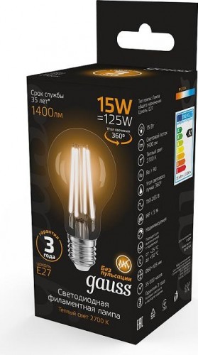 Лампа светодиодная GAUSS A60 filament а60 15w 1400lm 2700к е27 led 102902115 - изображение 3